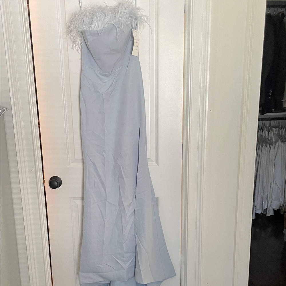 Elegant Light Blue Strapless Gown with Feather Trim